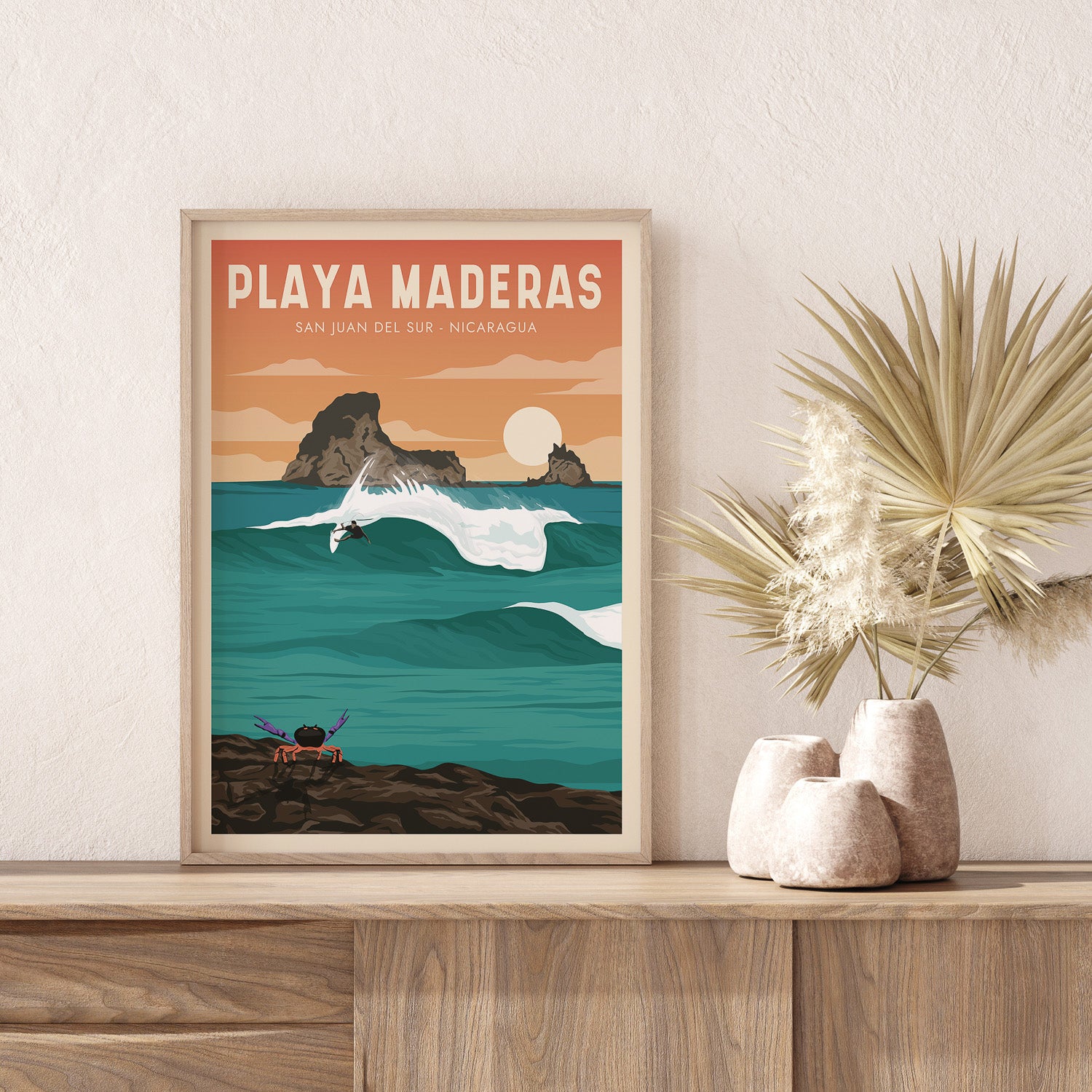 Large Framed Surf Poster of Nicaragua, Nicaragua Surf Illustration