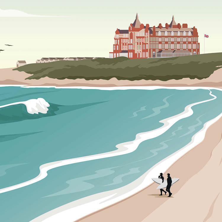 cornwall surf beach, fistral beach surf art detail, surf van poster