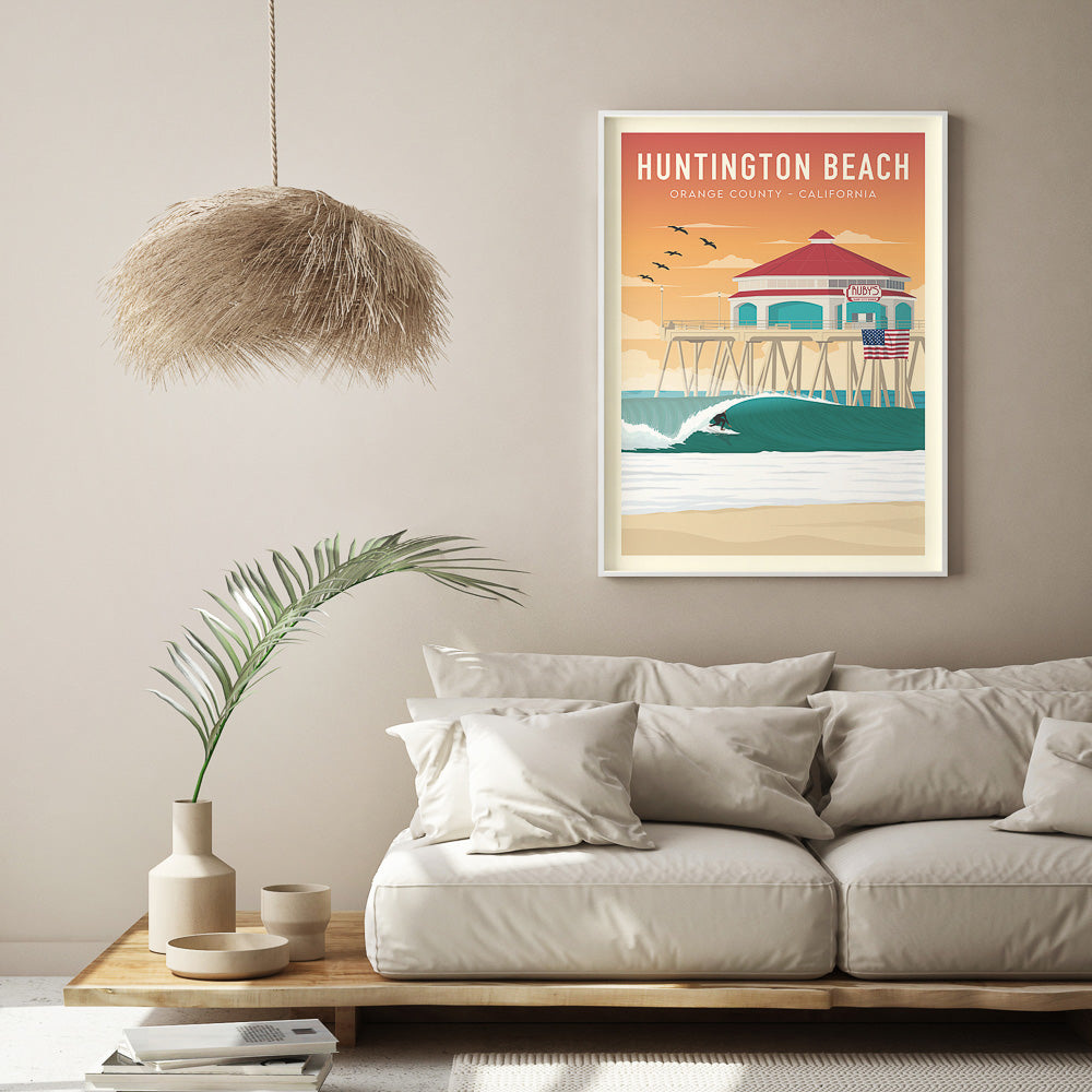 framed California Surfing Wall art in boho living room 