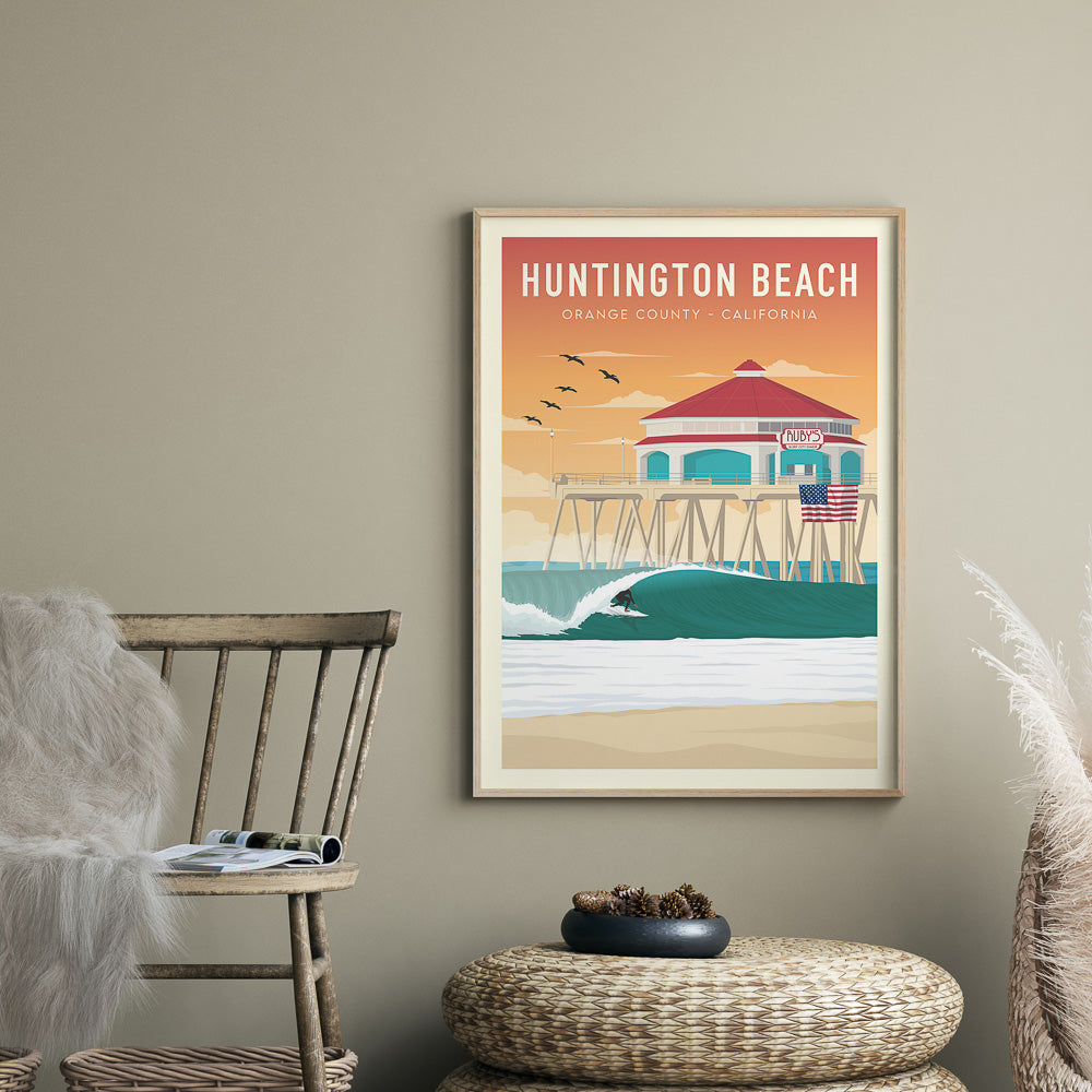 Large California Surfer Art of Huntington Beach Pier in Boho living room