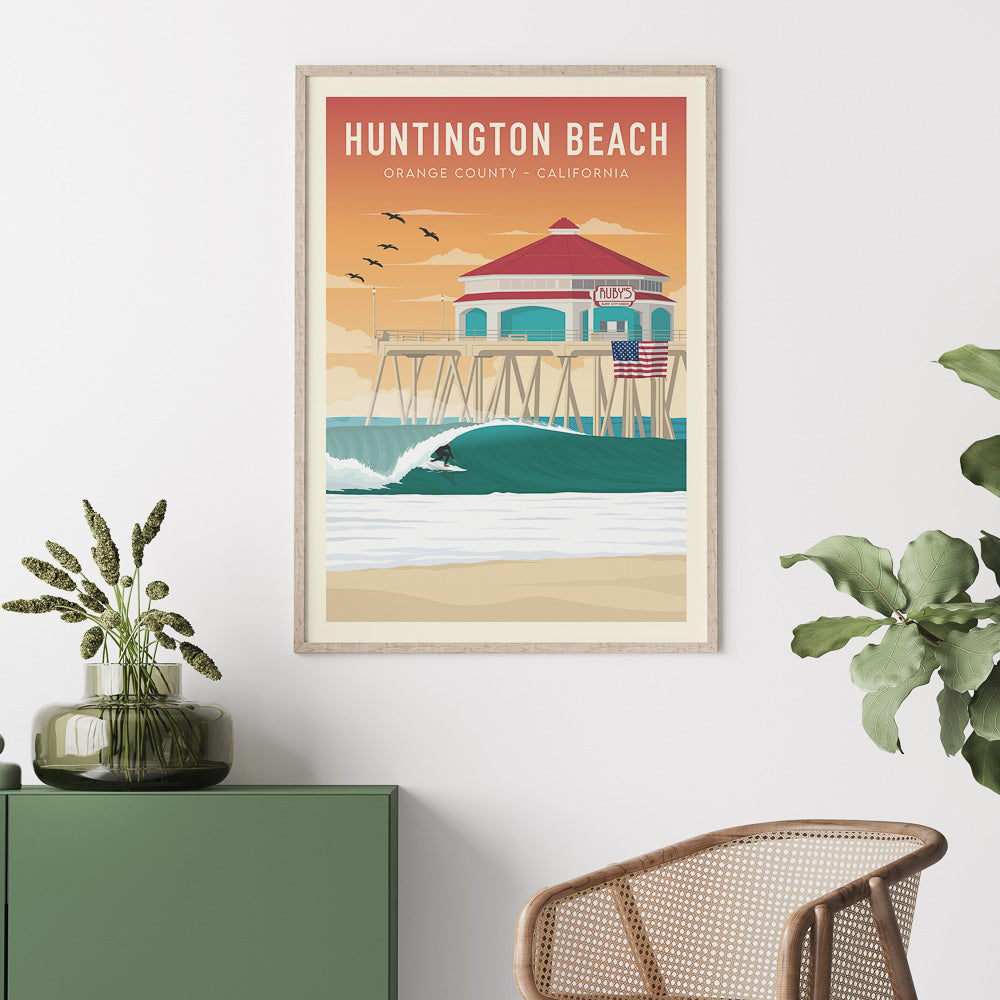 Giant framed California surf wall art on wall in design house