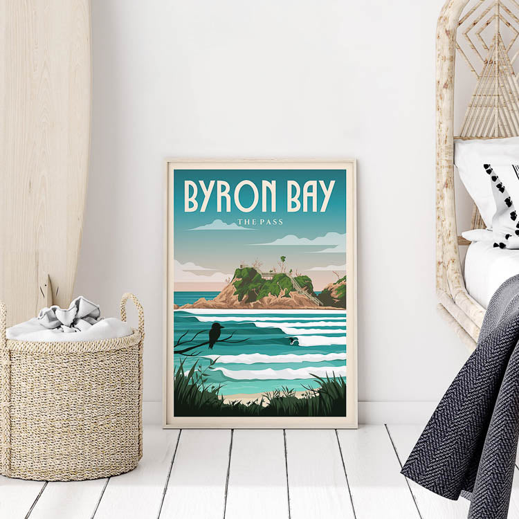 byron bay surfing artwork, vintage travel poster australia