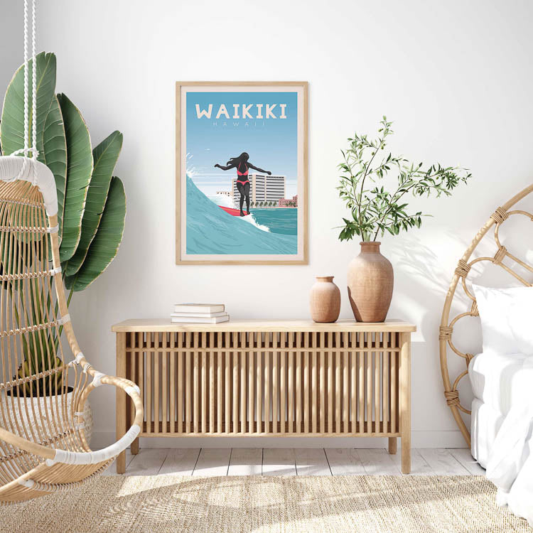 surfboard wall art, hawaii surf illustration, waikiki longboard painting