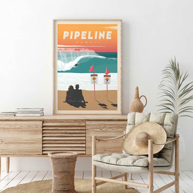 pipeline beach poster, wave wall art, surf room decor, vintage surf art