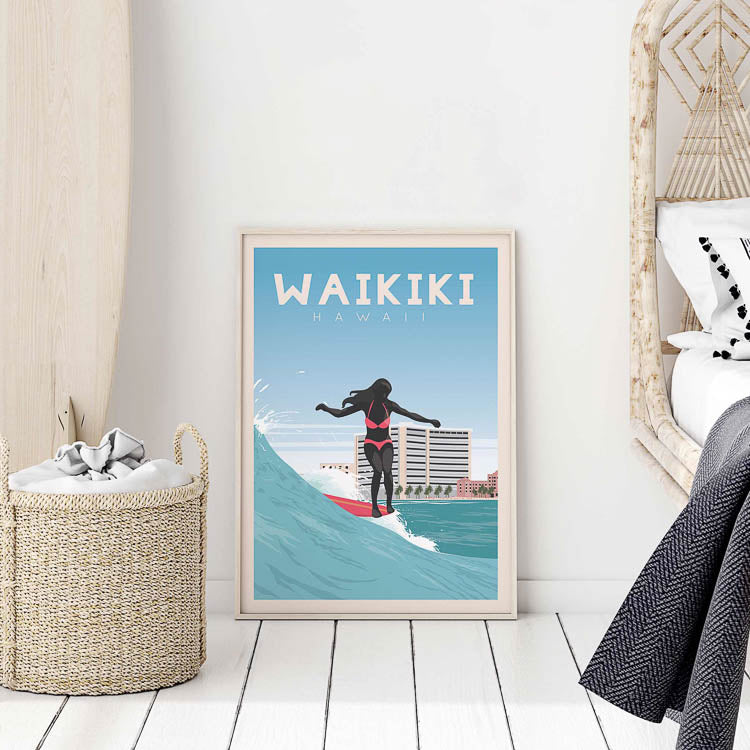 hawaii vintage surf print, waikiki walls, hawaii wave wall art, hawaii surf room decor,