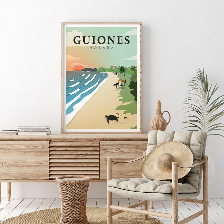 costa rica ocean artwork, vintage surf posters nosara, wave wall art nosara, costa rica surf illustration