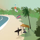 playa guiones nosara poster, surf wall decor, aesthetic beach room, surfer under shack, nosara hotel illustration