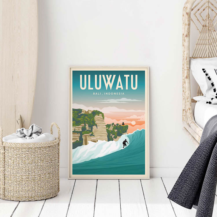 surfing poster uluwatu bali, bali coastal bedroom decor, bali surf decor