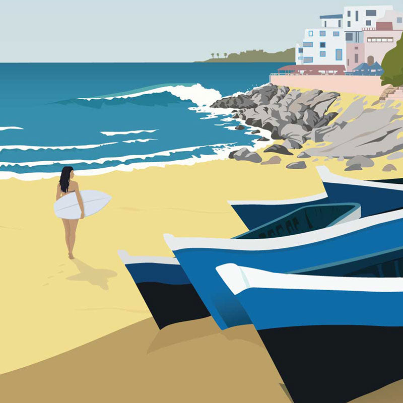 morocco surf posters, morocco art prints, surfer girl canvas, taghazout beach poster detail