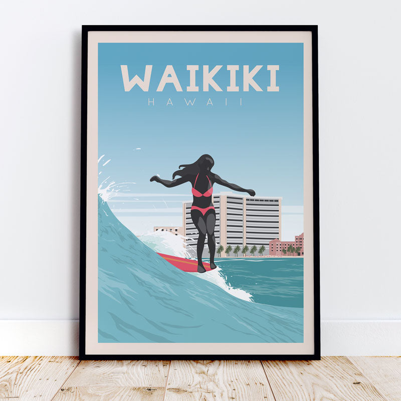 Hawaii Surf Poster, Waikiki Beach surf prints, surfer girl art