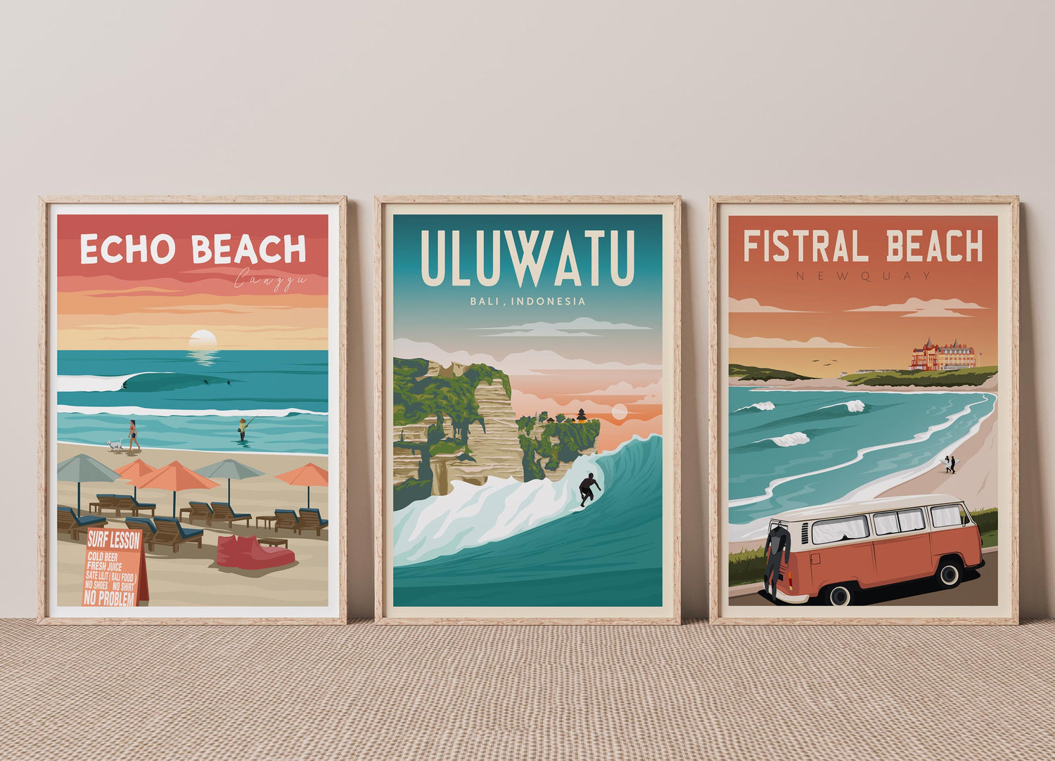 surf posters set, set of 3 surf prints of echo beach in Bali, Uluwatu in Bali and Fistral Beach in UK.