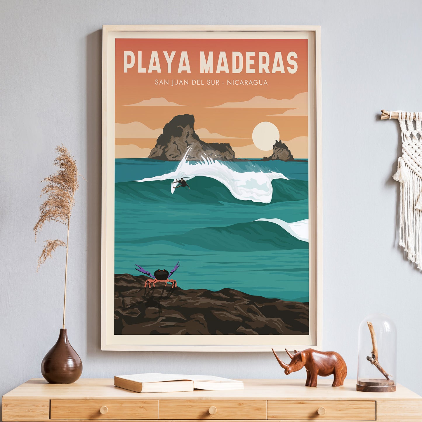 Surf poster of Playa Maderas in Nicaragua, wooden framed Surf poster of Nicaragua