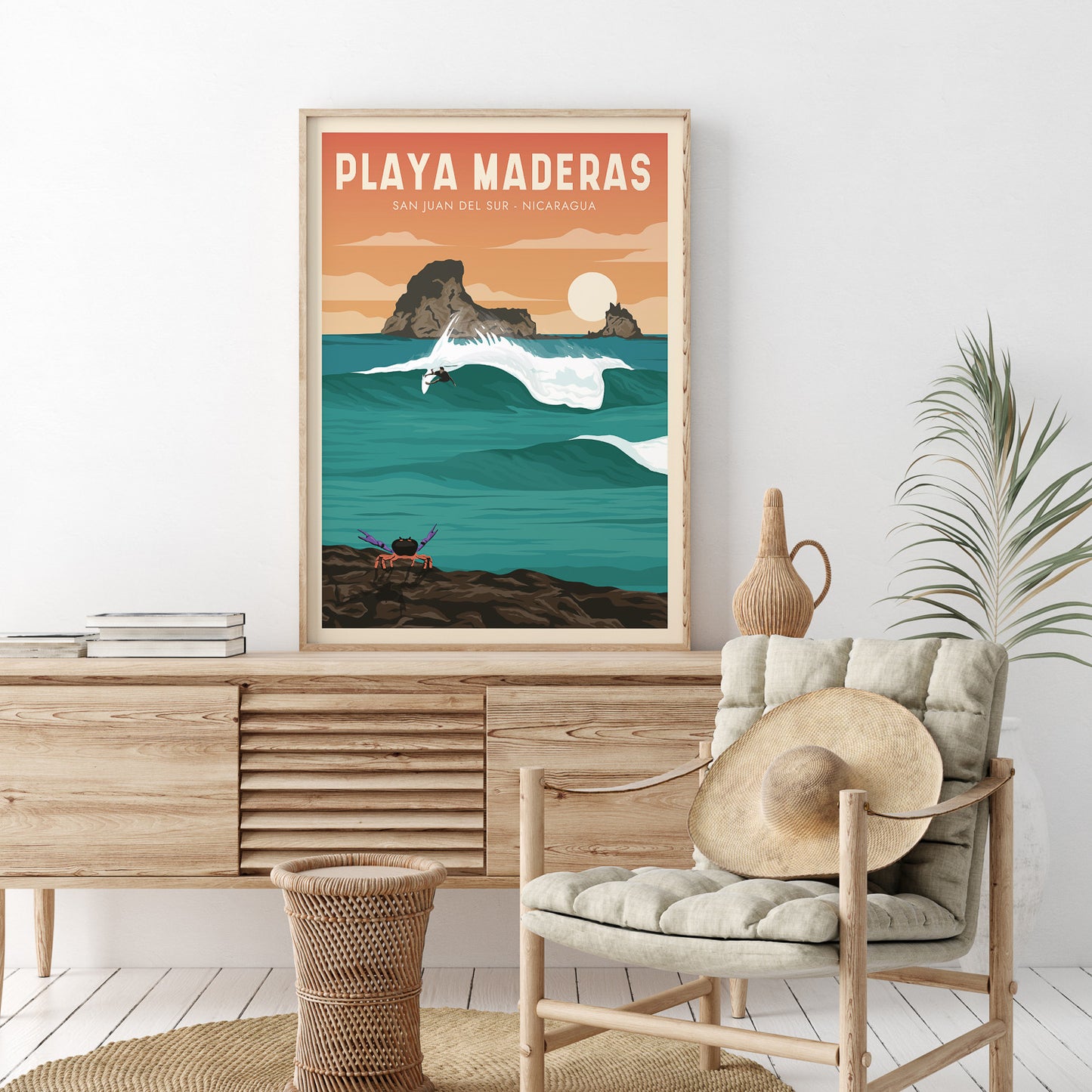Playa Maderas Nicaragua Surf Poster in boho living room, surfer on a wave in front of rock with moon crab 