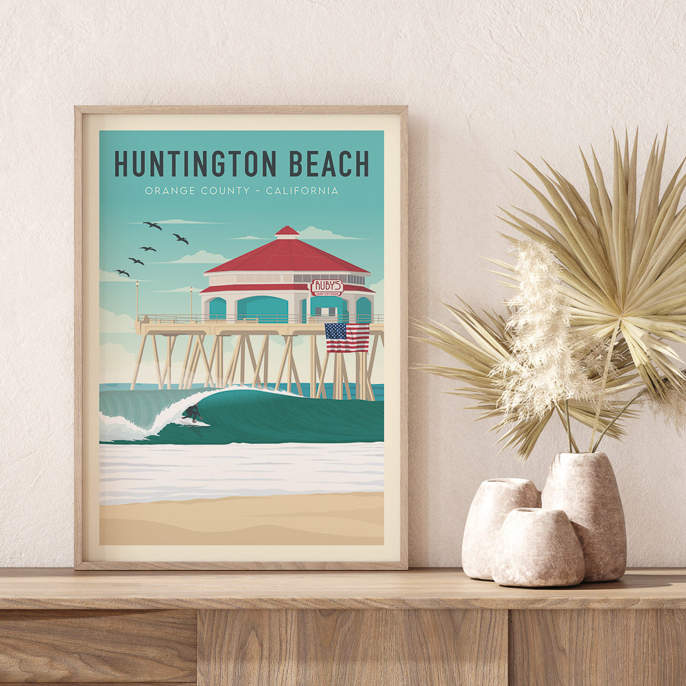 Wood framed Surf poster of Huntington Beach in California in farmhouse