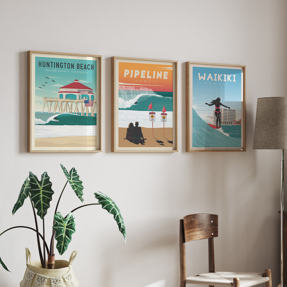 Surf poster set of 3 in living room