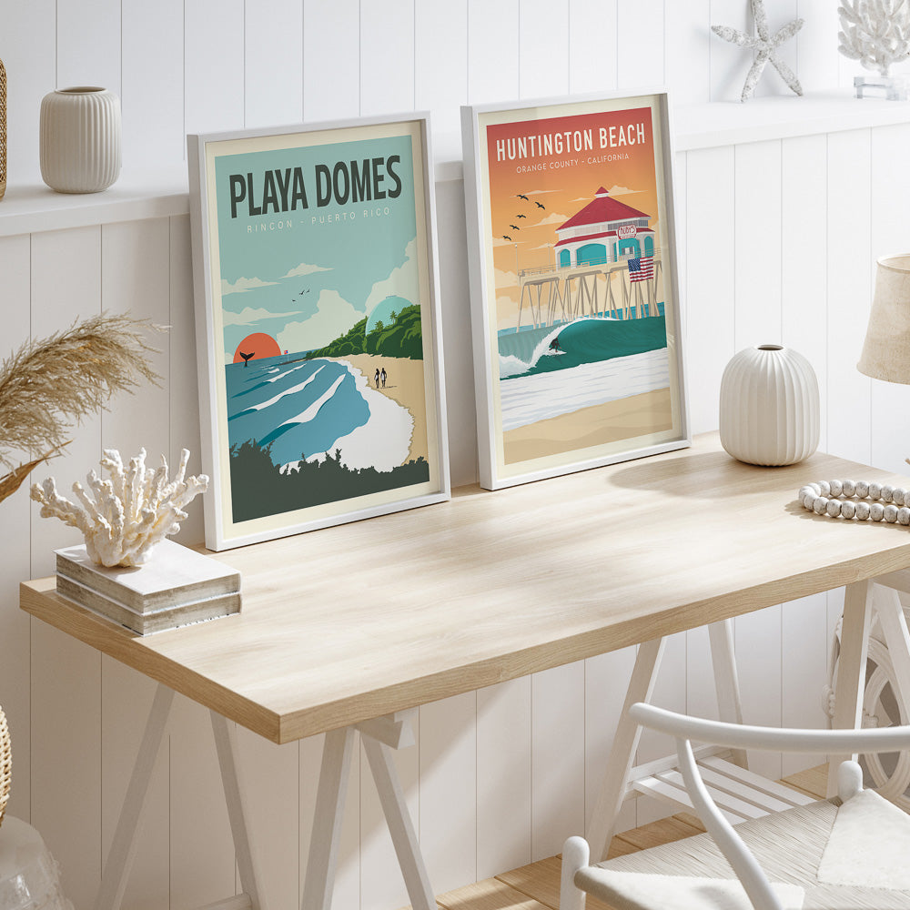 Puerto Rico and California Wall art surfing set of 2 poster on desk in coastal house