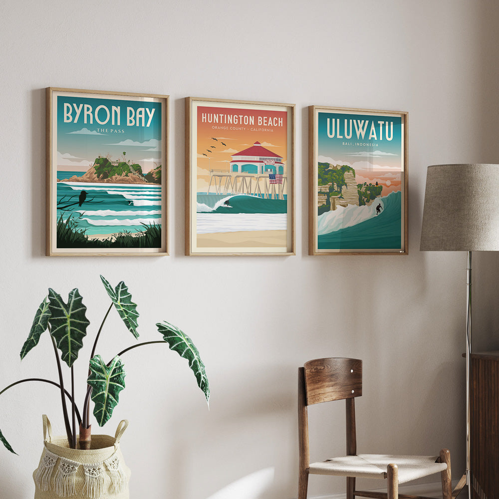 Retro Surf Art set of 3 posters in living room, Byron Bay, Huntington Beach and Uluwatu Bali