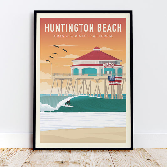 Black framed Huntington Beach Pier California Surf wall art