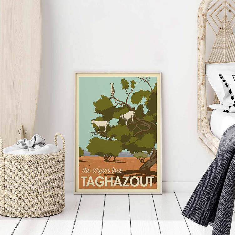 taghazout travel poster print, goat poster print, morocco travel art print