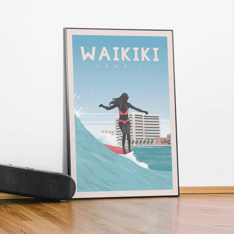 waikiki wave art, hawaii surf decor, hawaii poster, hawaii vintage surf posters