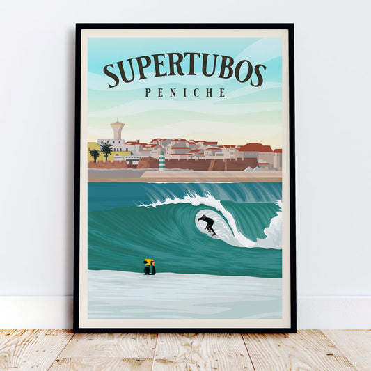 portugal travel poster, peniche surf poster, supertubos surf poster