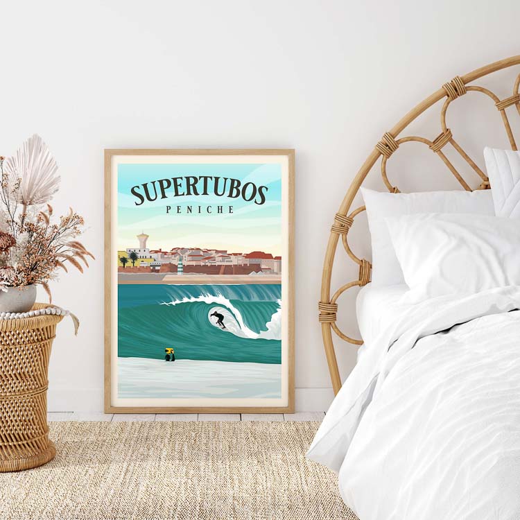 portugal surf illustration, peniche surf illustration, supertubos surf illustration, portugal poster, surf decor