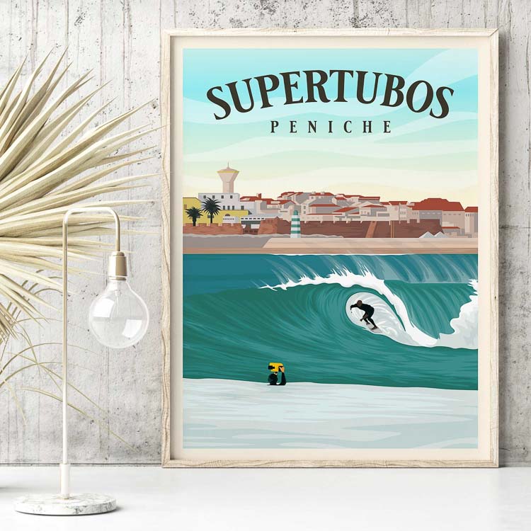 portugal travel poster vintage, portugal surf wall art, wave wall art, surf room decor