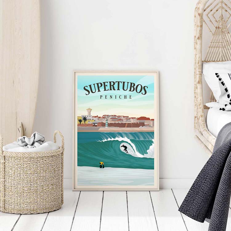 peniche travel poster, coastal bedroom decor, portugal coastal art prints, art surf, retro surf posters
