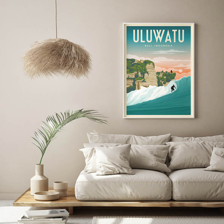 bali surf poster vintage, retro surfing print, uluwatu prints
