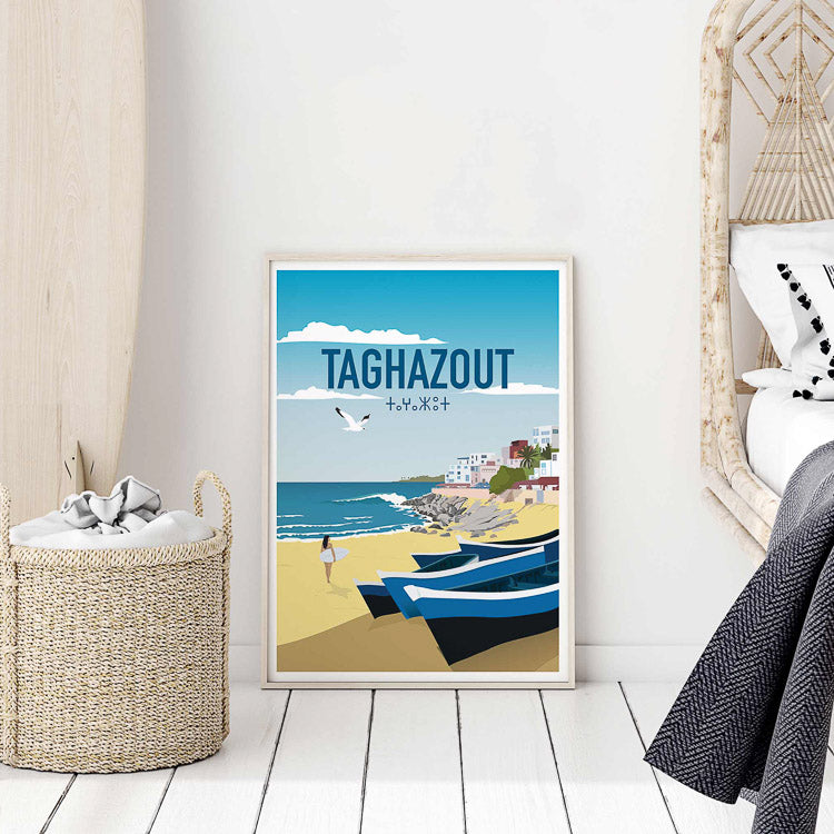 morocco vintage travel poster, beach poster print, surf artwork, coastal boho decor