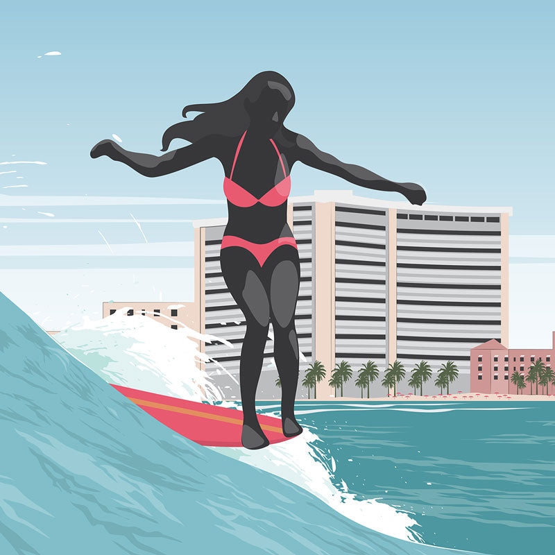 waikiki surfer girl poster, vintage surf art, surfing illustration hawaii